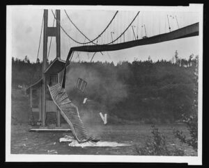 Collapse of the Tacoma Narrows Bridge, November 1940. Photo at the Library of Congress.