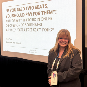 YSU English M.A. student Emily Vero presenting her research titled, " "If You Need Two Seats, You Should Pay for Them": Anti-Obesity Rhetoric in Online Discussion of Southwest Airlines' "Extra Free Seat" Policy"